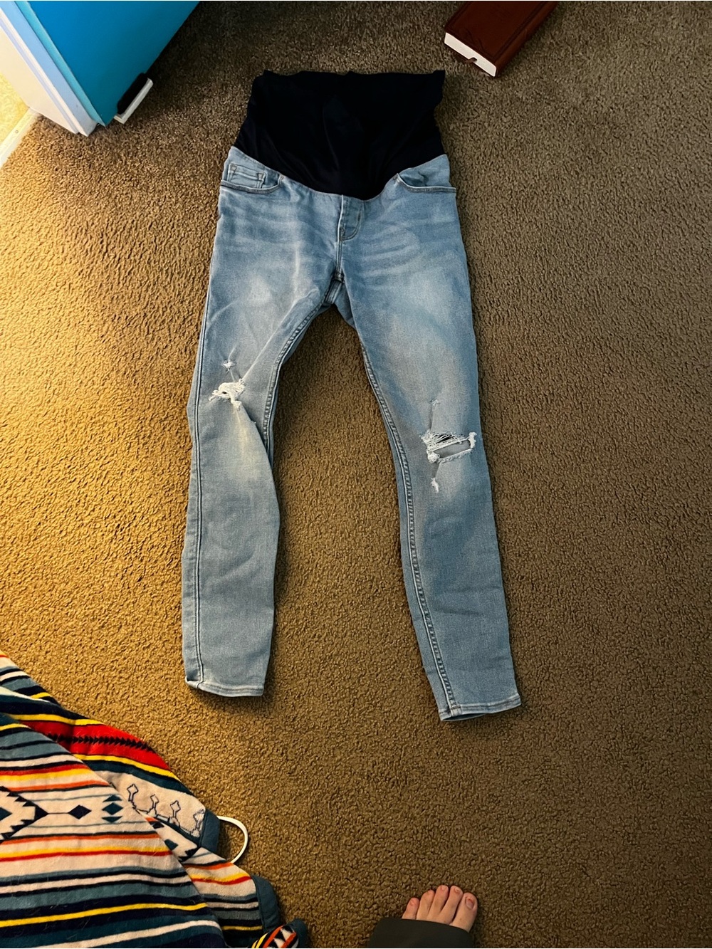 Light Blue Distressed Maternity Skinny Jeans with Black Support Panel